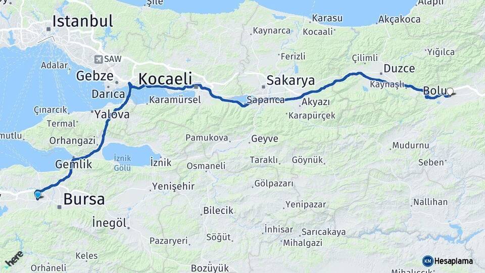 Bursa Nilüfer Bolu Arası Kaç Km - Yol Haritası