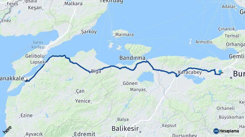 Bursa Nilüfer Çanakkale Arası Kaç Km - Yol Haritası