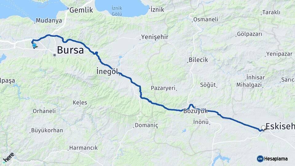 Bursa Nilüfer Eskişehir Arası Kaç Km - Yol Haritası