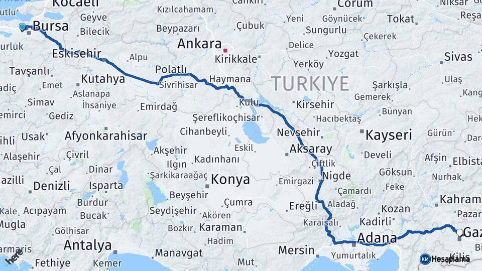 Bursa Nilüfer Gaziantep Arası Kaç Km - Yol Haritası