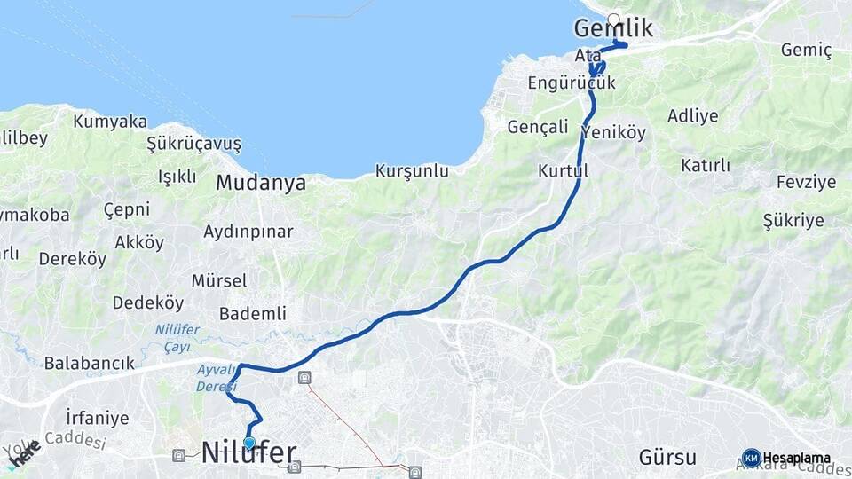 Bursa Nilüfer Gemlik Arası Kaç Km - Yol Haritası
