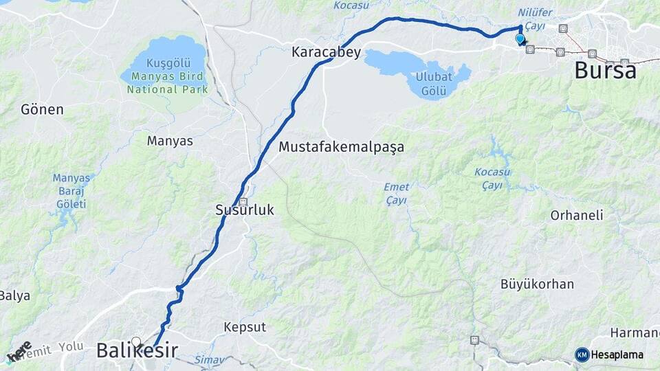 Bursa Nilüfer Görükle Balıkesir Arası Kaç Km - Yol Haritası