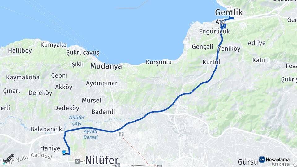 Bursa Nilüfer Görükle Gemlik Arası Kaç Km - Yol Haritası