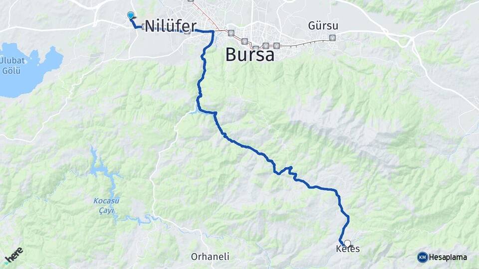 Bursa Nilüfer Görükle Keles Arası Kaç Km - Yol Haritası