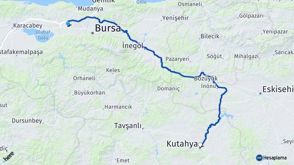 Bursa Nilüfer Görükle Kütahya Arası Kaç Km - Yol Haritası