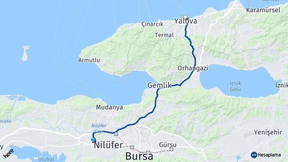 Bursa Nilüfer Görükle Yalova Arası Kaç Km - Yol Haritası
