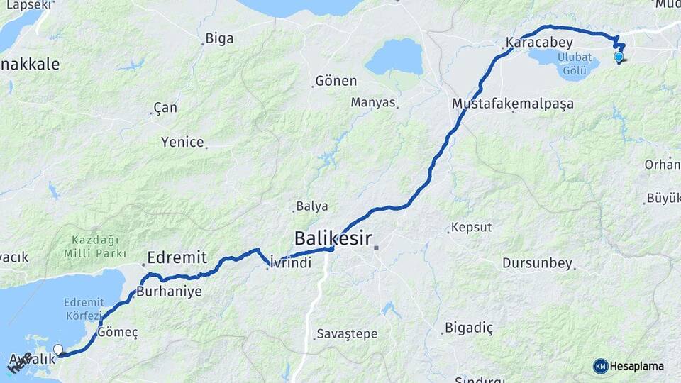 Bursa Nilüfer Hasanağa Ayvalık Balıkesir Arası Kaç Km - Yol Haritası