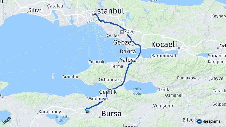Bursa Nilüfer İstanbul Arası Kaç Km - Yol Haritası