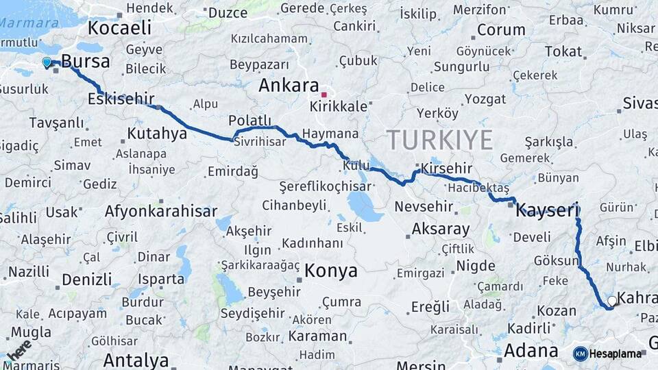 Bursa Nilüfer Kahramanmaraş Arası Kaç Km - Yol Haritası