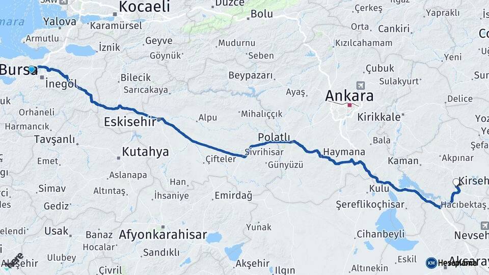 Bursa Nilüfer Kırşehir Arası Kaç Km - Yol Haritası