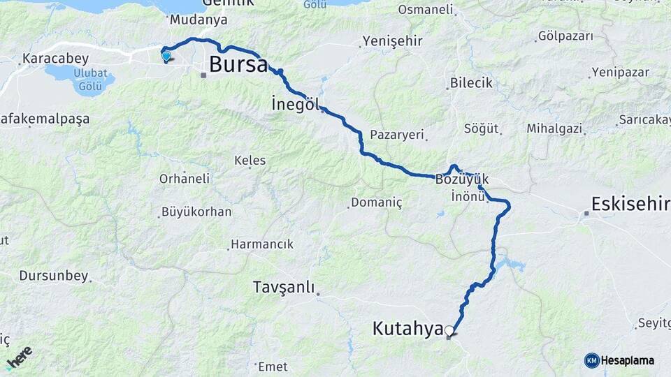 Bursa Nilüfer Kütahya Arası Kaç Km - Yol Haritası