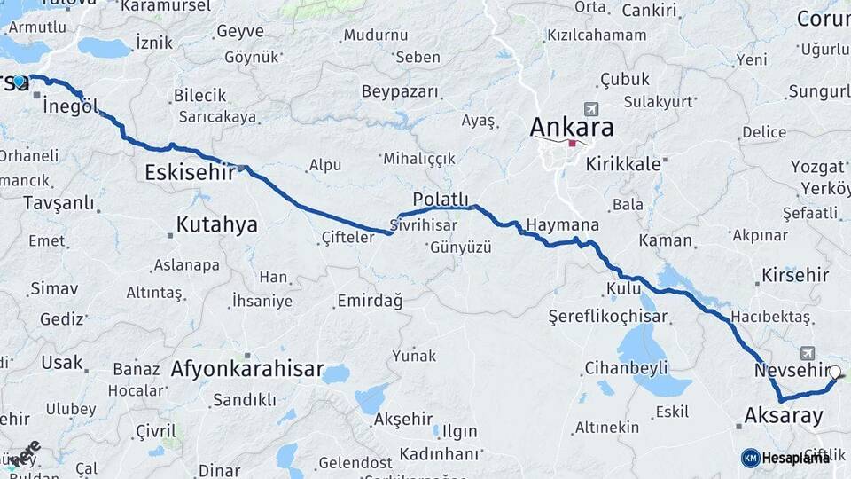 Bursa Nilüfer Nevşehir Arası Kaç Km - Yol Haritası