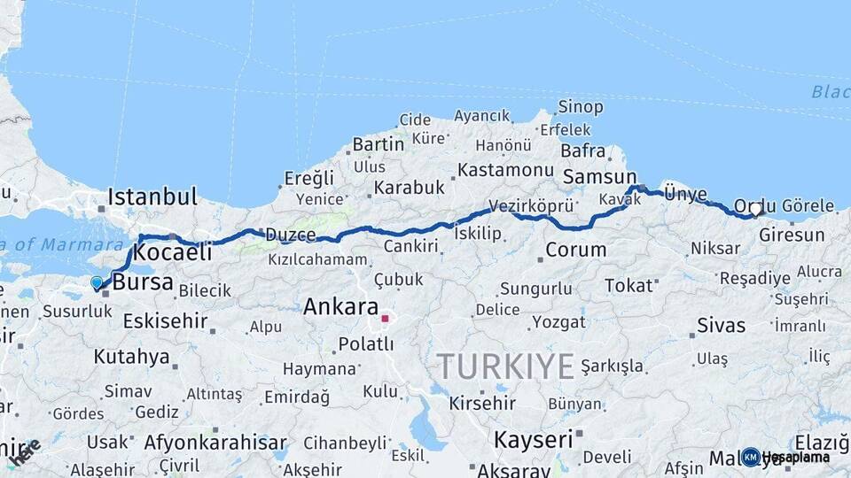 Bursa Nilüfer Ordu Arası Kaç Km - Yol Haritası