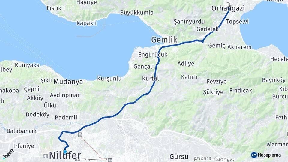 Bursa Nilüfer Orhangazi Arası Kaç Km - Yol Haritası