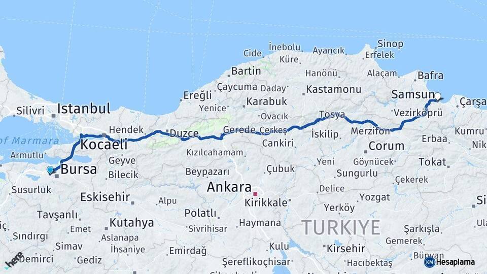 Bursa Nilüfer Samsun Arası Kaç Km - Yol Haritası