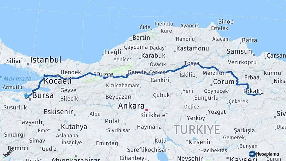 Bursa Nilüfer Tokat Arası Kaç Km - Yol Haritası