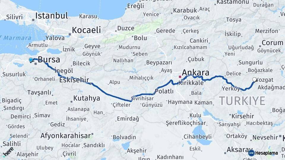 Bursa Nilüfer Yozgat Arası Kaç Km - Yol Haritası