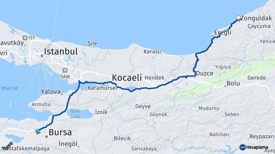 Bursa Nilüfer Zonguldak Arası Kaç Km - Yol Haritası