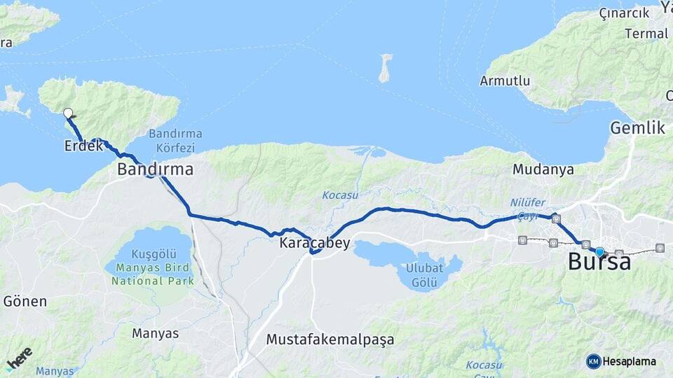 Bursa Ocaklar Erdek Balıkesir Arası Kaç Km - Yol Haritası