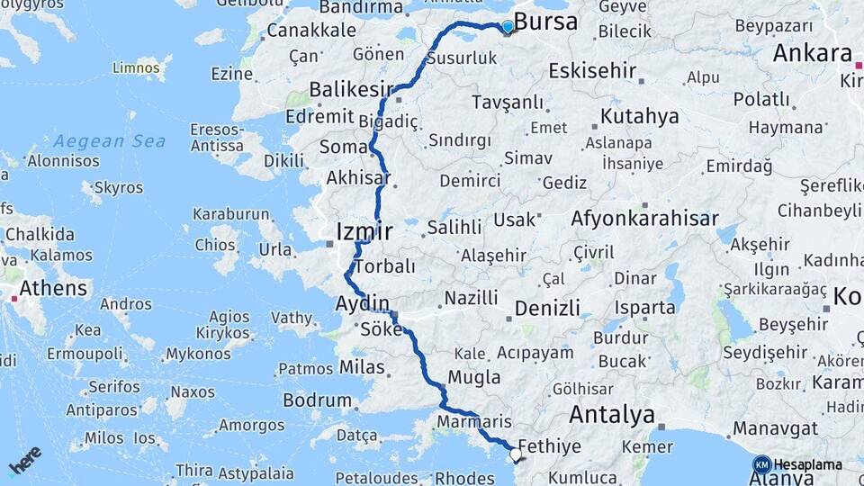 Bursa Ölüdeniz Fethiye Muğla Arası Kaç Km - Yol Haritası