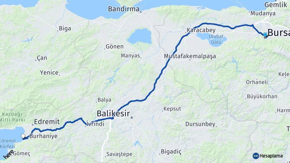 Bursa Ören Burhaniye Balıkesir Arası Kaç Km - Yol Haritası