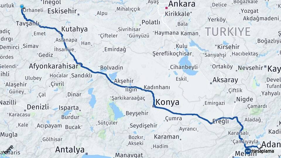 Bursa Orhaneli Adana Arası Kaç Km - Yol Haritası