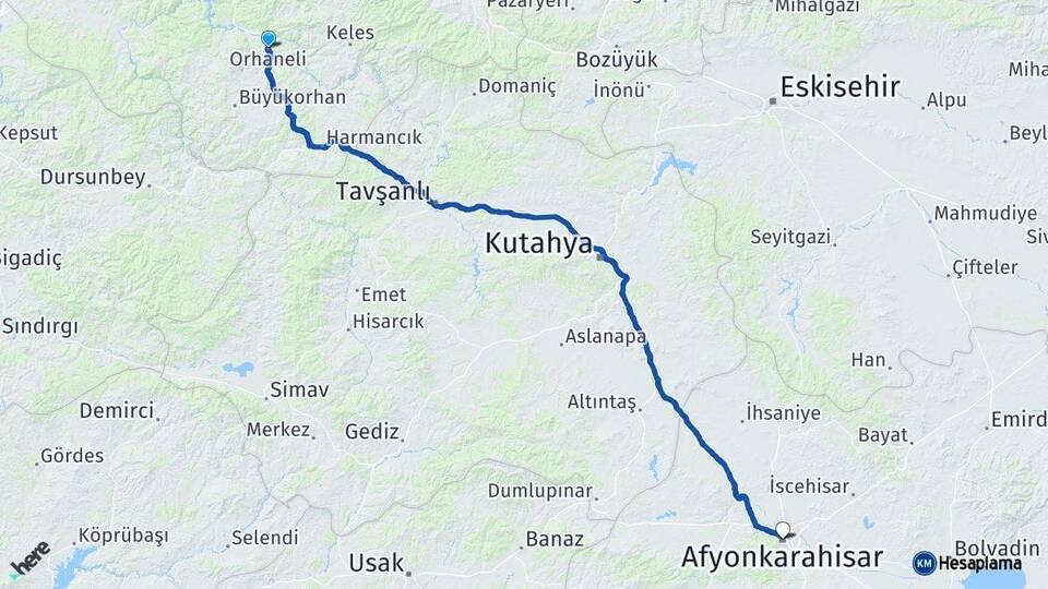 Bursa Orhaneli Afyonkarahisar Arası Kaç Km - Yol Haritası