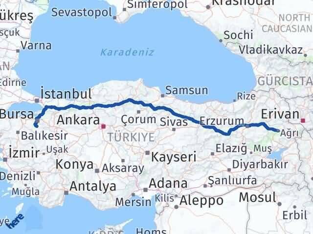 Bursa Orhaneli Ağrı Arası Kaç Km - Yol Haritası