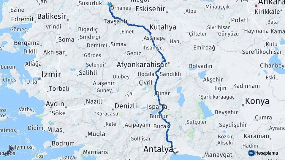 Bursa Orhaneli Antalya Arası Kaç Km - Yol Haritası