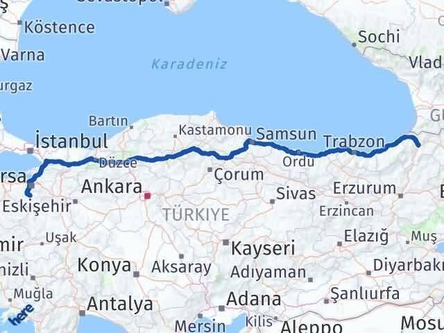 Bursa Orhaneli Artvin Arası Kaç Km - Yol Haritası