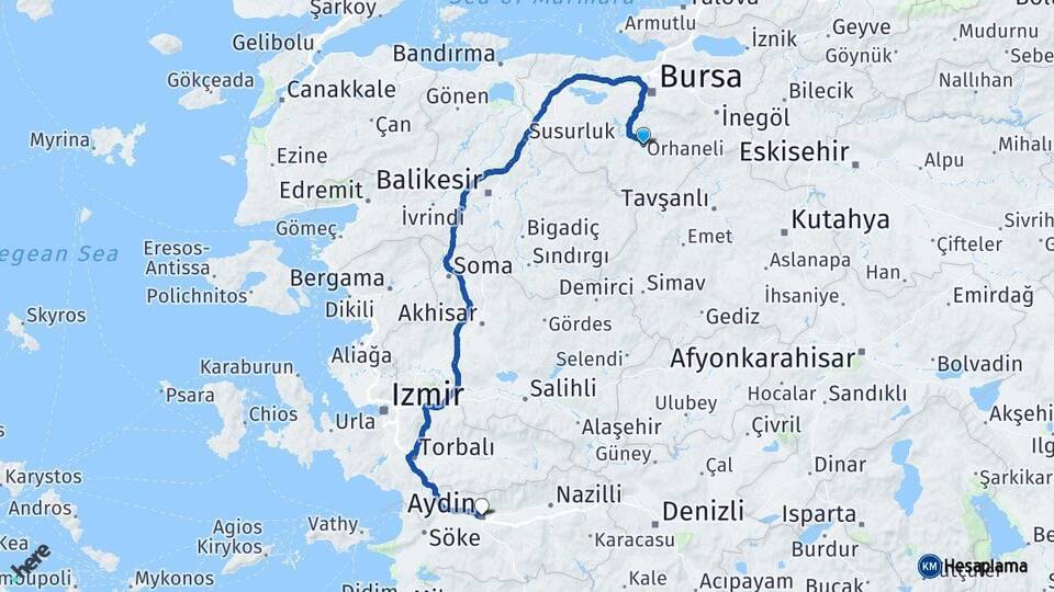 Bursa Orhaneli Aydın Arası Kaç Km - Yol Haritası
