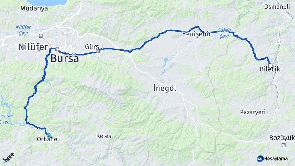 Bursa Orhaneli Bilecik Arası Kaç Km - Yol Haritası