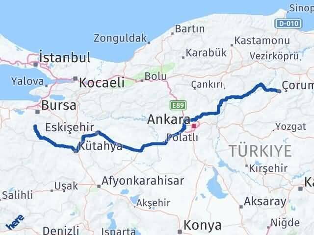 Bursa Orhaneli Çorum Arası Kaç Km - Yol Haritası