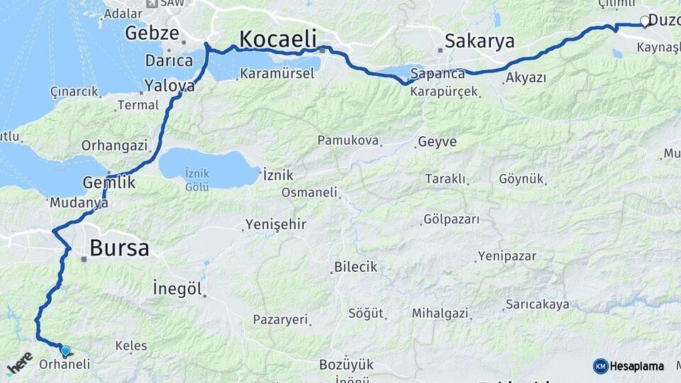 Bursa Orhaneli Düzce Arası Kaç Km - Yol Haritası