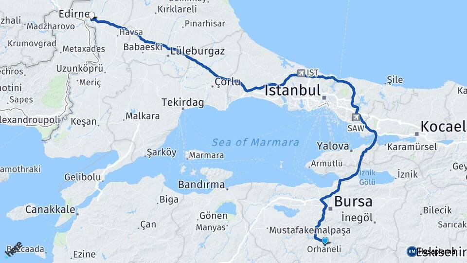 Bursa Orhaneli Edirne Arası Kaç Km - Yol Haritası