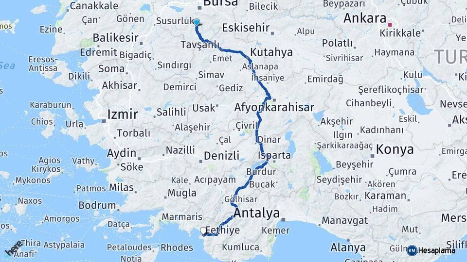 Bursa Orhaneli Fethiye Muğla Arası Kaç Km - Yol Haritası