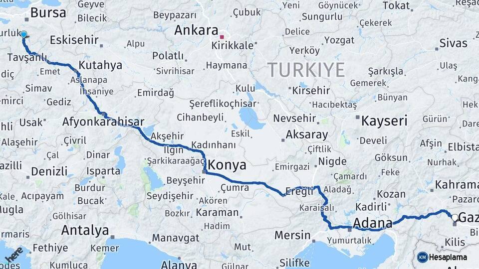 Bursa Orhaneli Gaziantep Arası Kaç Km - Yol Haritası