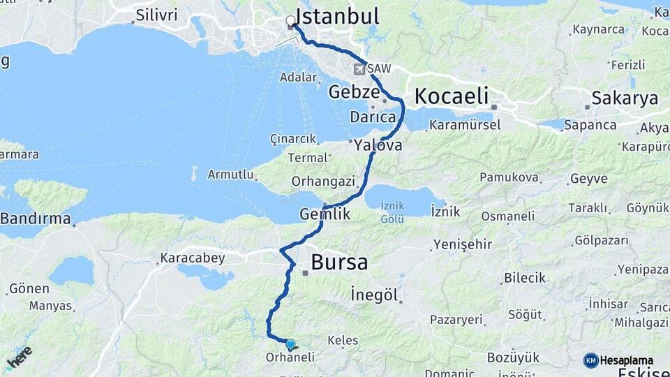 Bursa Orhaneli İstanbul Arası Kaç Km - Yol Haritası