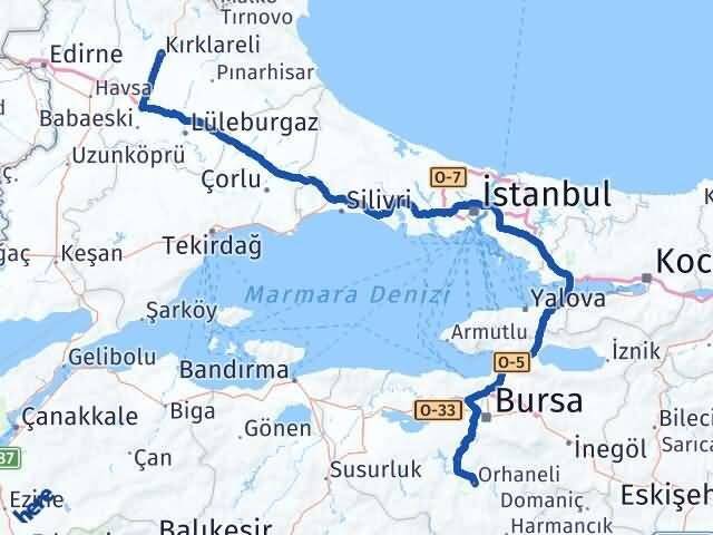 Bursa Orhaneli Kırklareli Arası Kaç Km - Yol Haritası