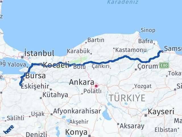 Bursa Orhaneli Samsun Arası Kaç Km - Yol Haritası