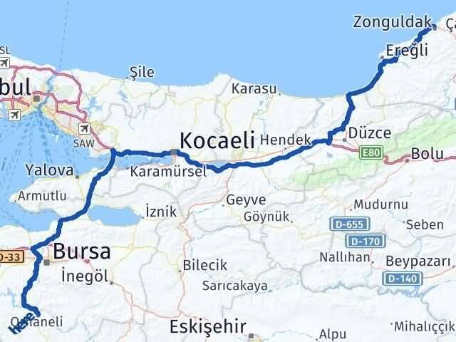 Bursa Orhaneli Zonguldak Arası Kaç Km - Yol Haritası