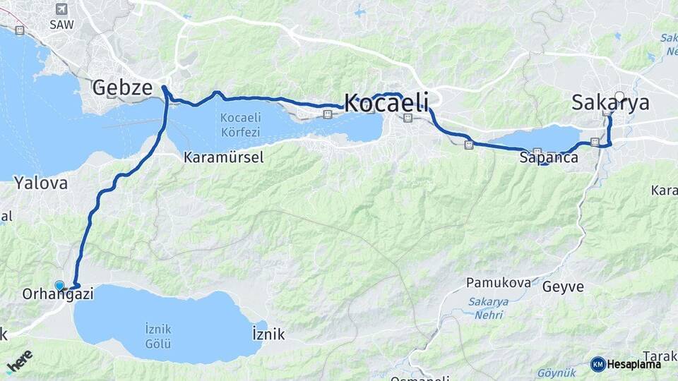 Bursa Orhangazi Adapazarı Sakarya Arası Kaç Km - Yol Haritası