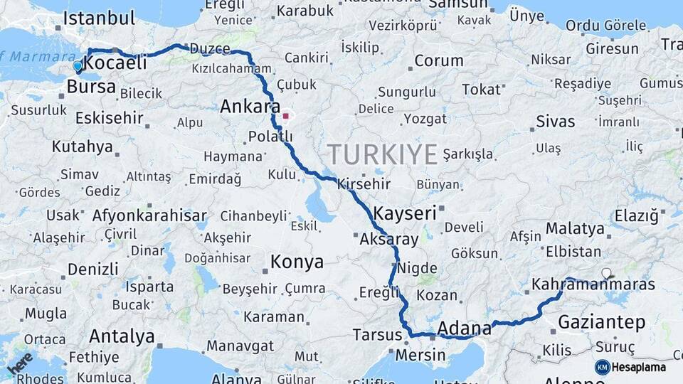 Bursa Orhangazi Adıyaman Arası Kaç Km - Yol Haritası
