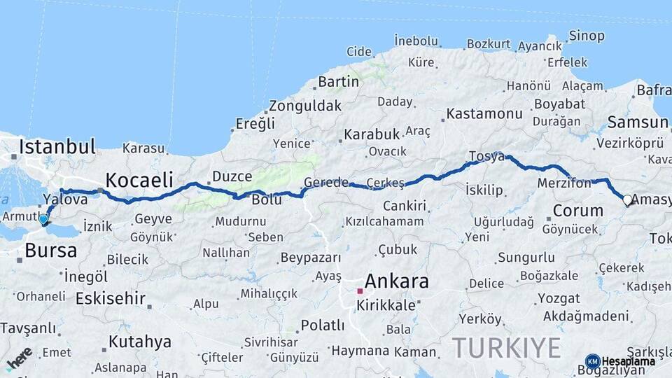 Bursa Orhangazi Amasya Arası Kaç Km - Yol Haritası