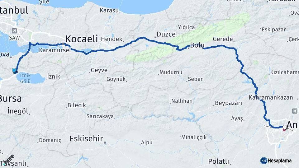 Bursa Orhangazi Ankara Arası Kaç Km - Yol Haritası