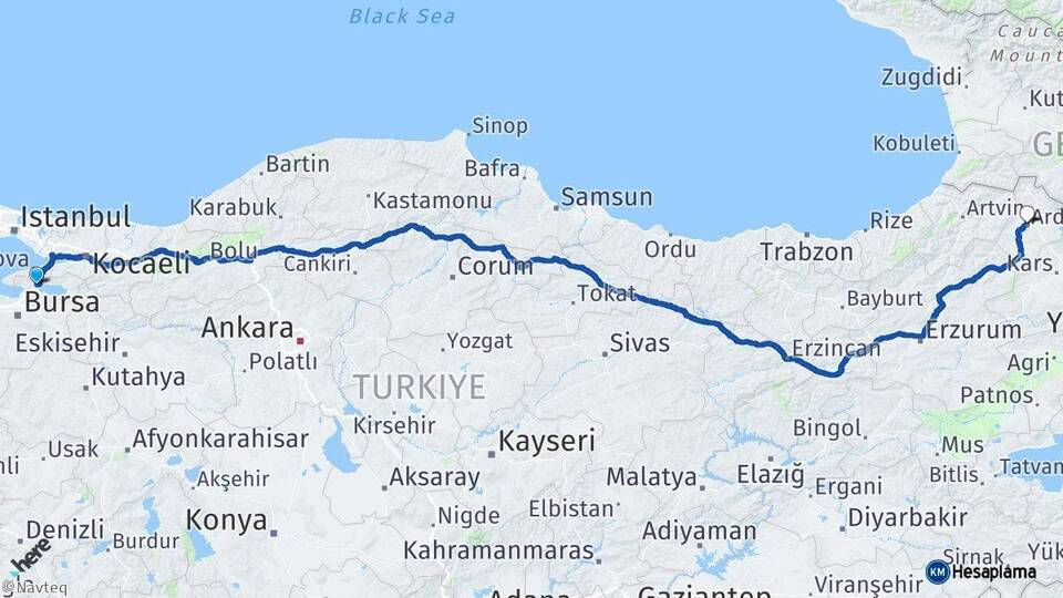 Bursa Orhangazi Ardahan Arası Kaç Km - Yol Haritası