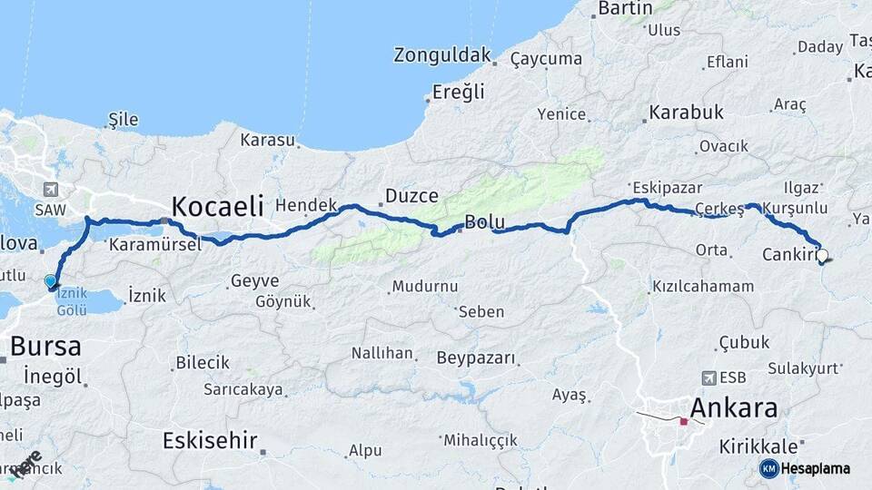 Bursa Orhangazi Çankırı Arası Kaç Km - Yol Haritası