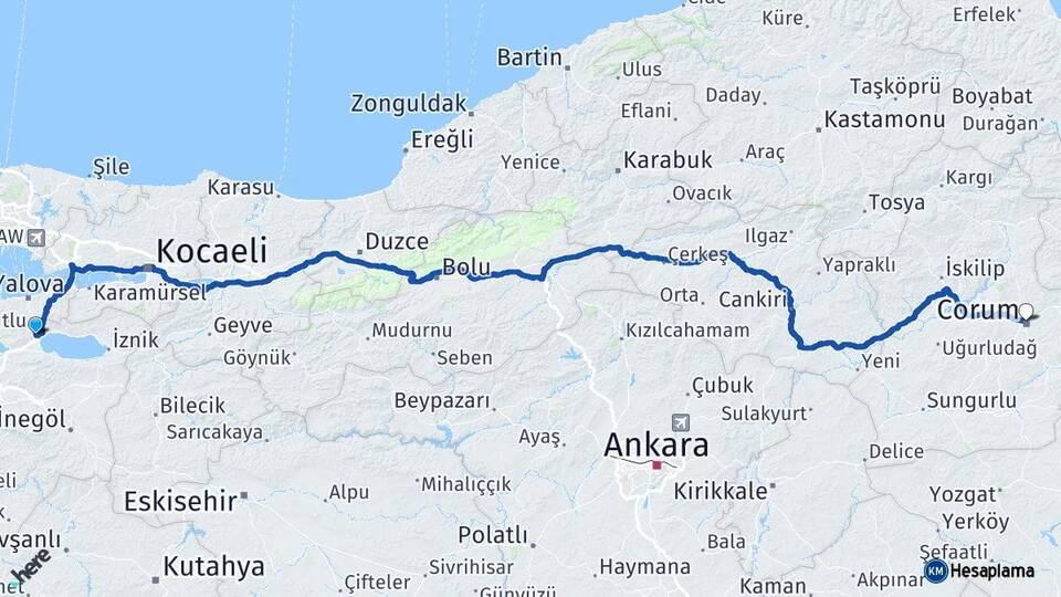 Bursa Orhangazi Çorum Arası Kaç Km - Yol Haritası