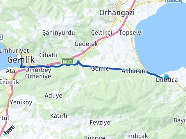 Dutluca Gemlik İDO Feribot İskelesi Arası Kaç Km - Yol Tarifi