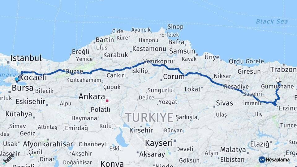 Bursa Orhangazi Gümüşhane Arası Kaç Km - Yol Haritası